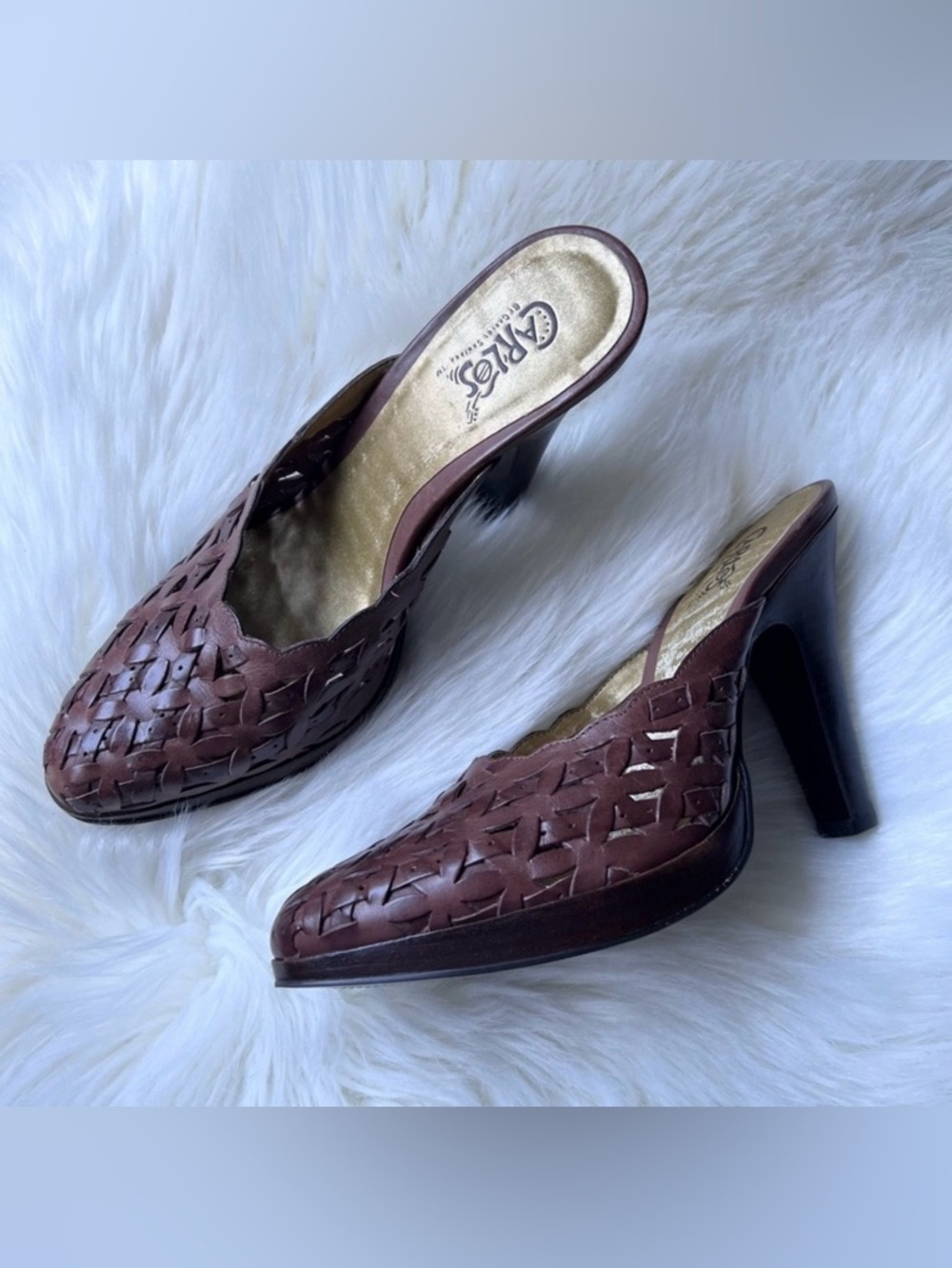 Carlos By Carlos Santana Basket Leather Mules Sz 9 M Brown Women's 5” Heels Boho